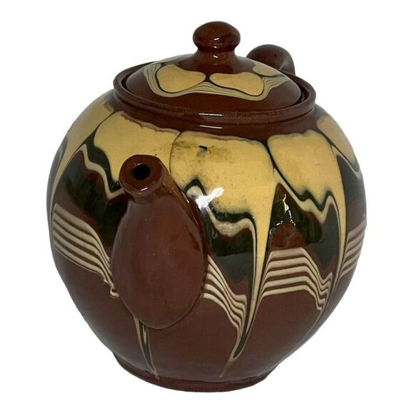 Vintage Redware Teapot Made Bulgaria Flower Fading Brown Yellow Drip Glaze READ - Picture 2 of 14